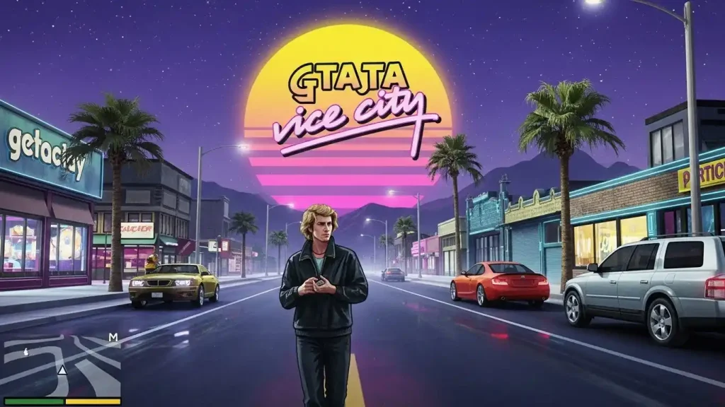 لقطة لعبة GTA Vice City على الهاتف مع جو الثمانينات