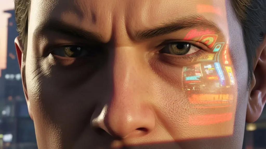 High-quality close-up of GTA 6 character face with realistic lighting and city reflections